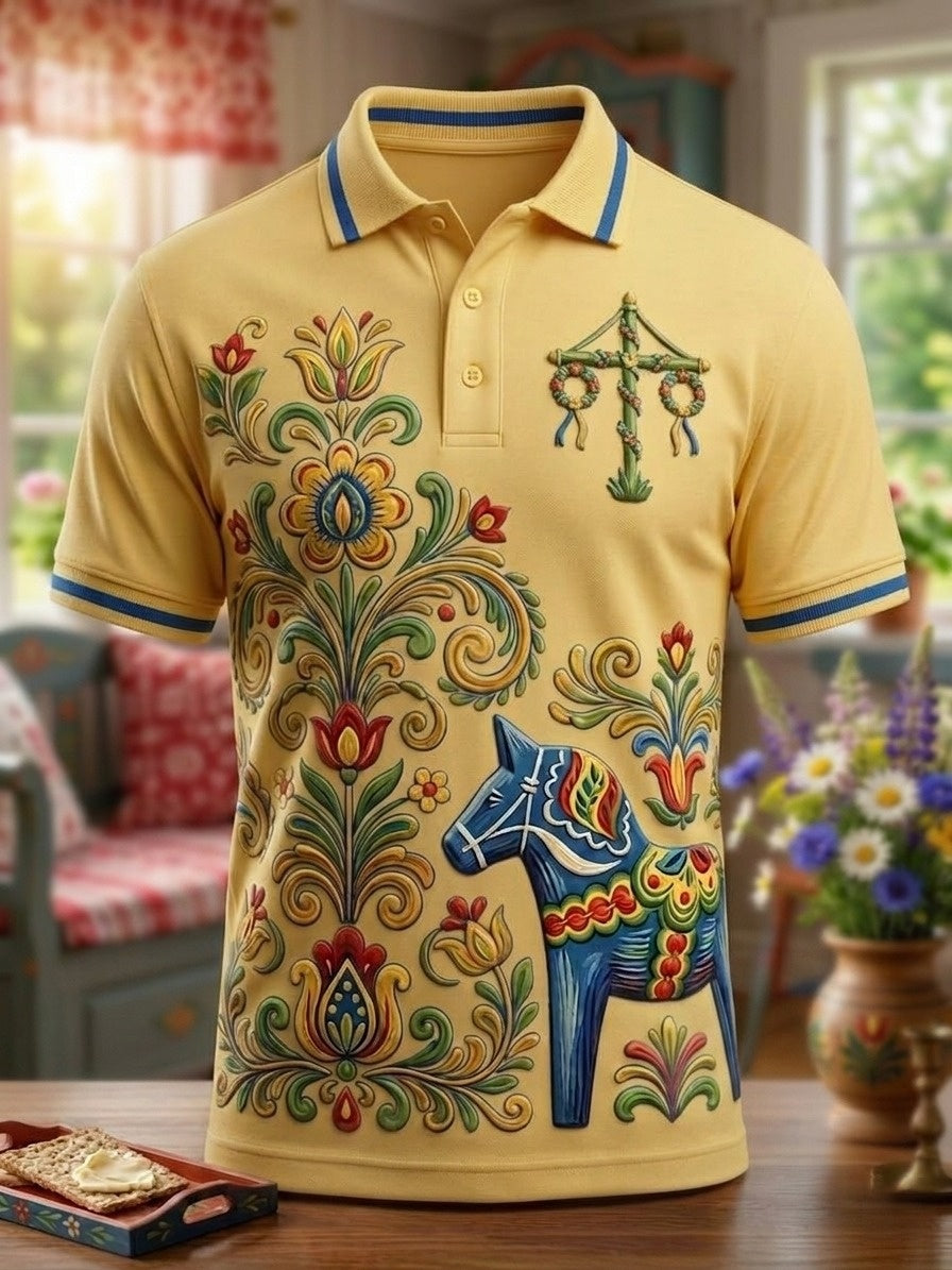 Mansvintage traditionell svensk dalahästtryckt polotröja