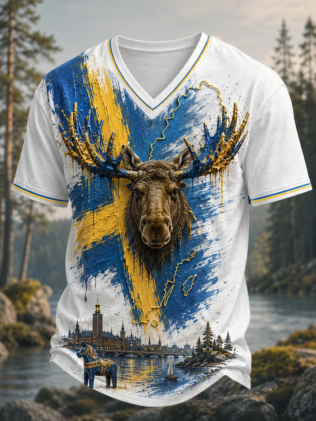 Herr T-shirt med djurkarta från Sverige och V-ringning