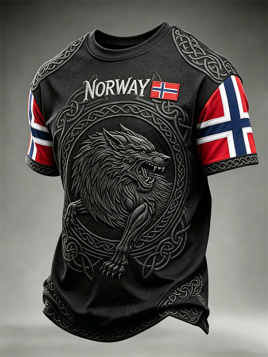 Herrer Norge viking ulv Fenrir keltisk knute flaggtrykk t-skjorte med kortermer