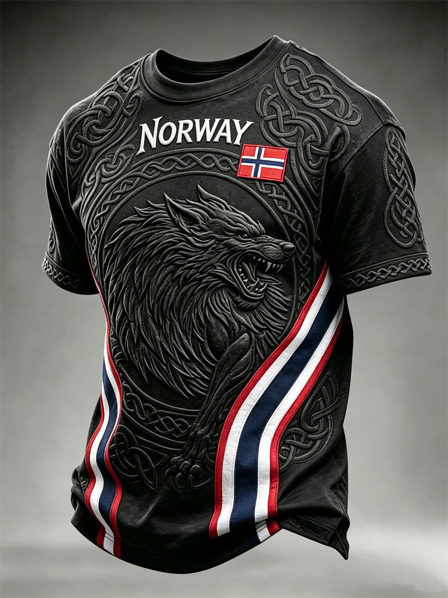 Herrer Norge viking ulv Fenrir keltisk knute flaggtrykk t-skjorte med kortermer