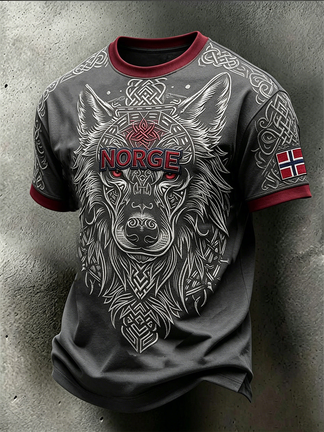 Menns retro norsk vikingdyremønster trykt hverdagslig t-skjorte med korte ermer