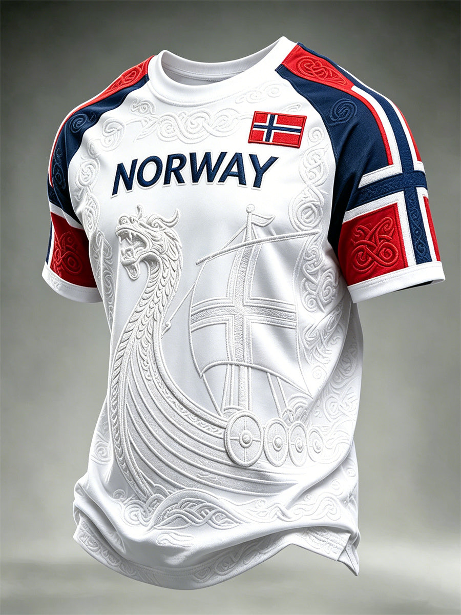 Herr T-skjorte fra Norge med vikingskips- og keltisk knute-motiv, kortermet, printet