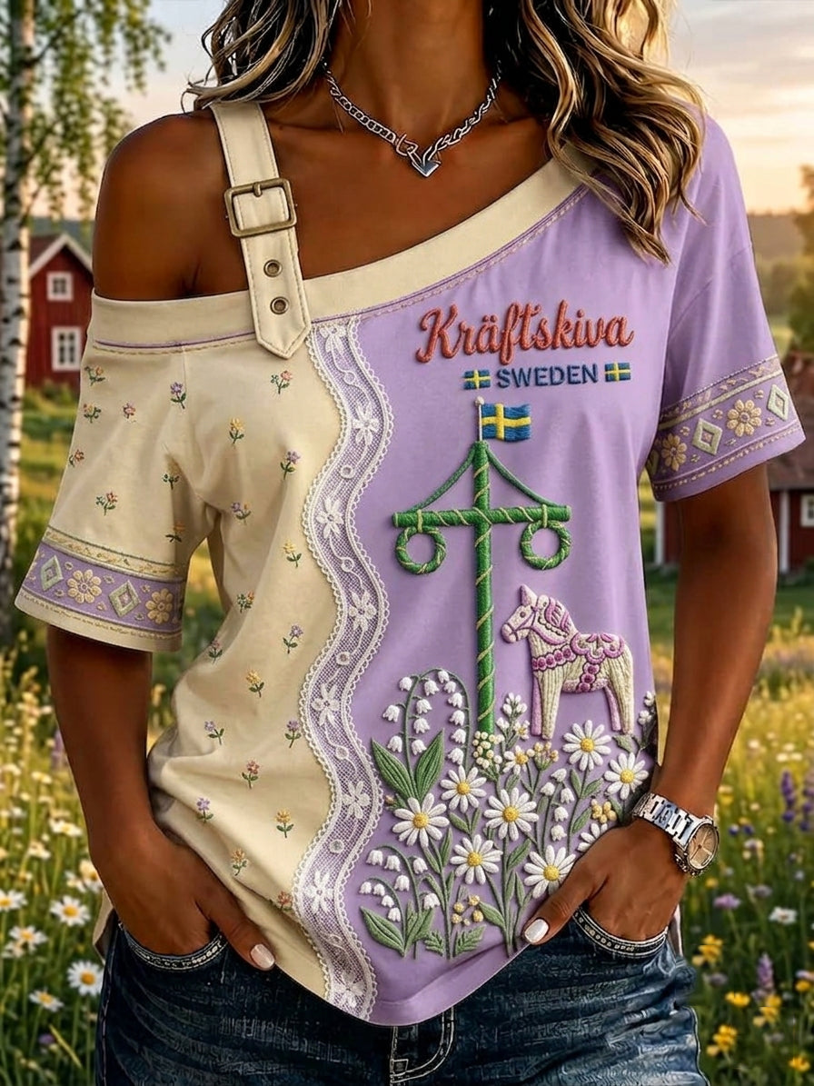 Kvinnor Retro Svenska Dala Häst bekväm kortärm T-shirt