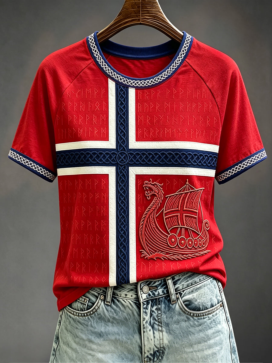 Damens vikinge Runes Celtic Norge Flag Skriv ut rund hals Kort erme T-skjorte