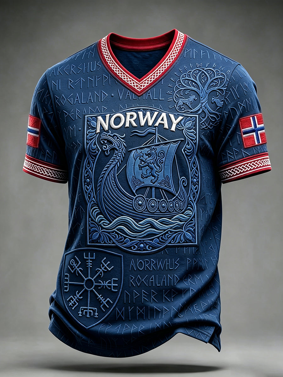 Menns Vintage Viking Inspirert kunst Norge Flag Print V-hals T-skjorte