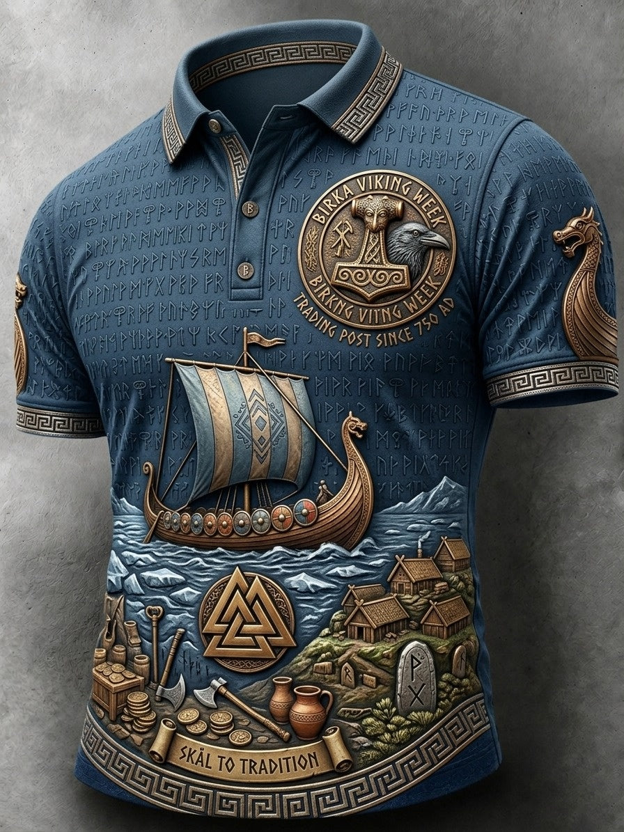 Herrpolotröja i retrostil med svensk vikingamotiv