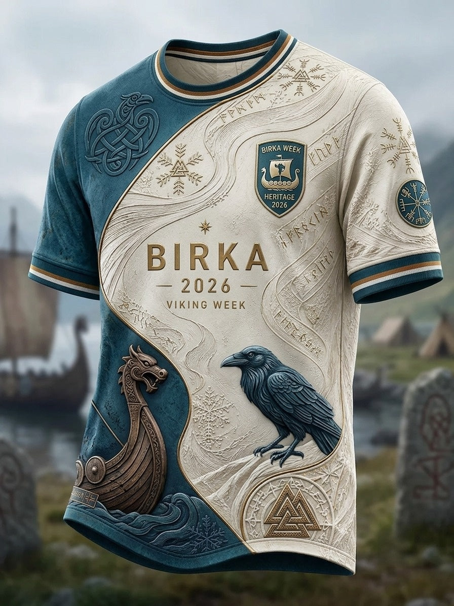 Herrtröja i retrostil med svensk vikingmotiv och korta ärmar