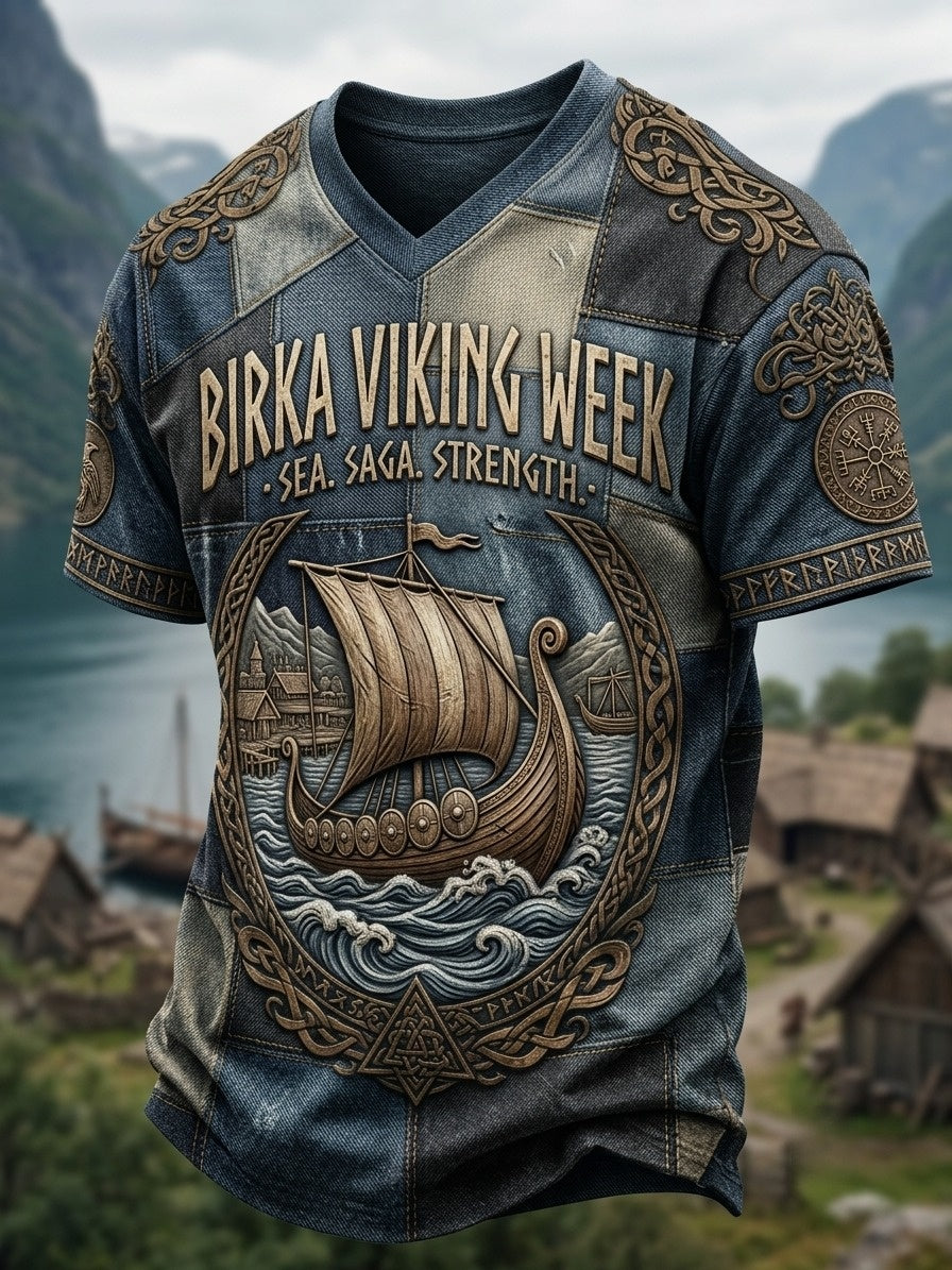 Herr Retro Svenska Viking V-hals Kort ärm T-shirt