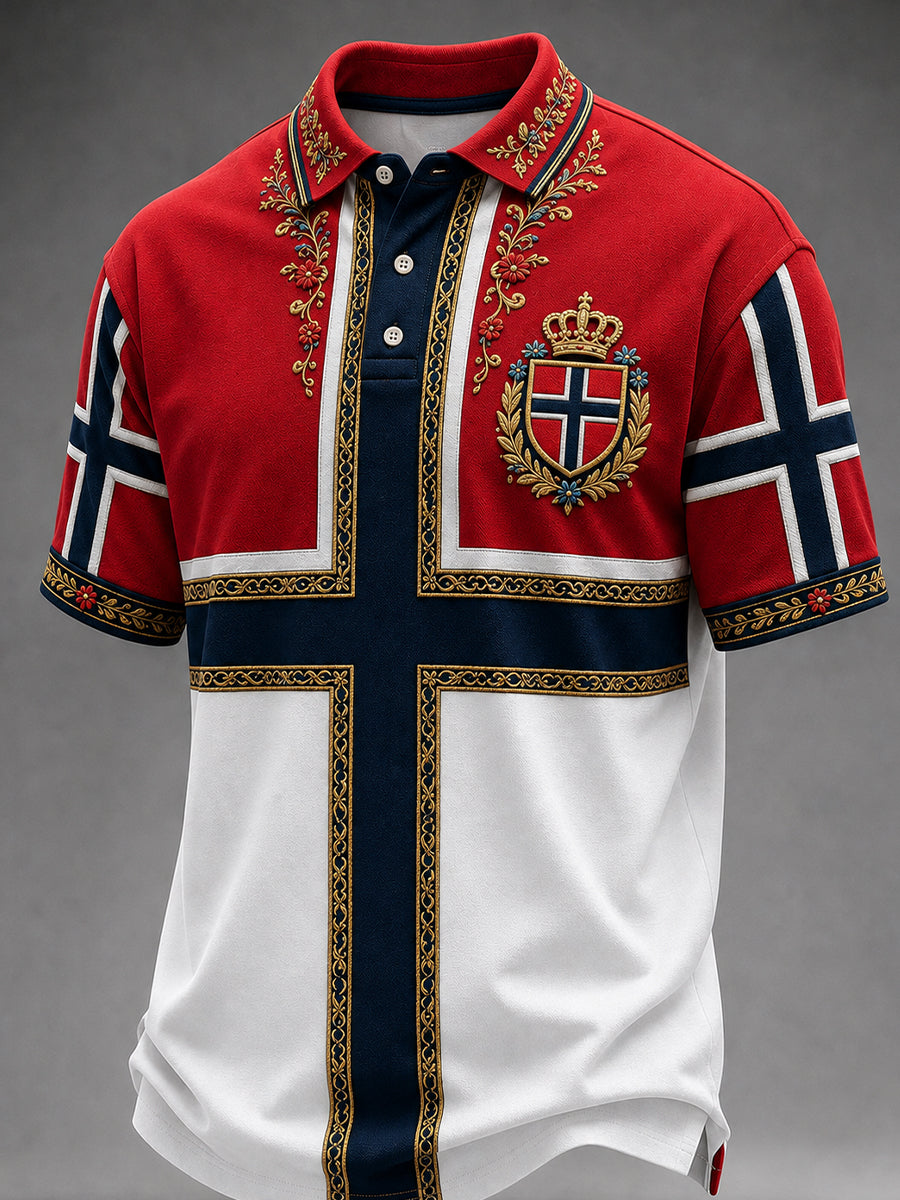 Retro nordisk vikingstil grafisk avslappet poloskjorte