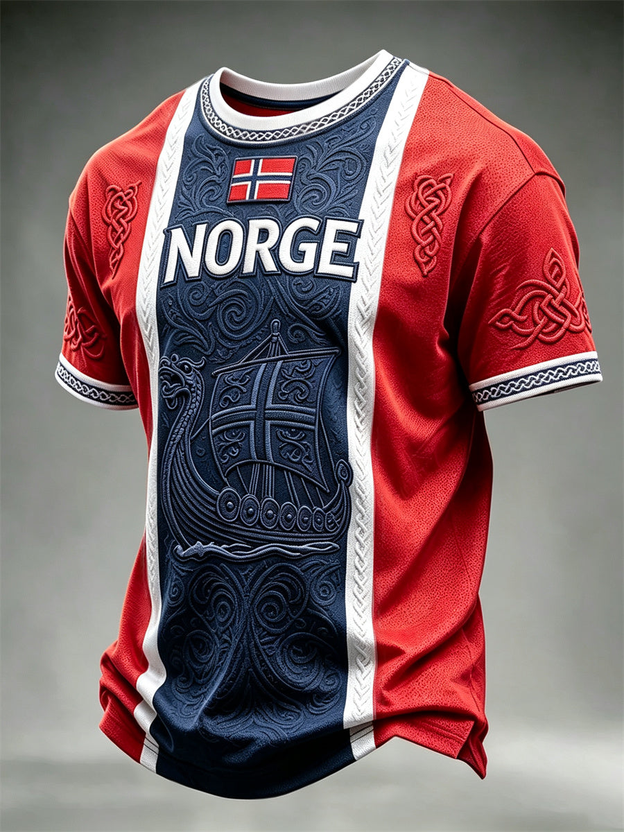 Herrer Norge vikingskip keltisk knute flagg fargelapp trykk t-skjorte med kortermet