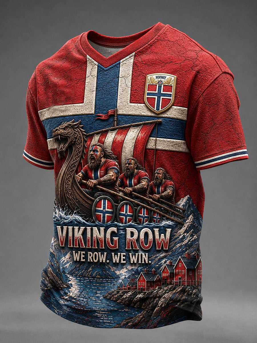 Herre-Viking-roe-t-skjorte med V-utringning: Vi ror, vi vinner