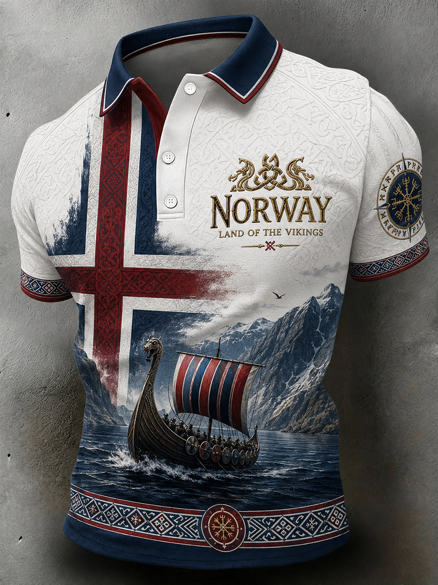Retro nordisk vikingstil grafisk avslappet poloskjorte