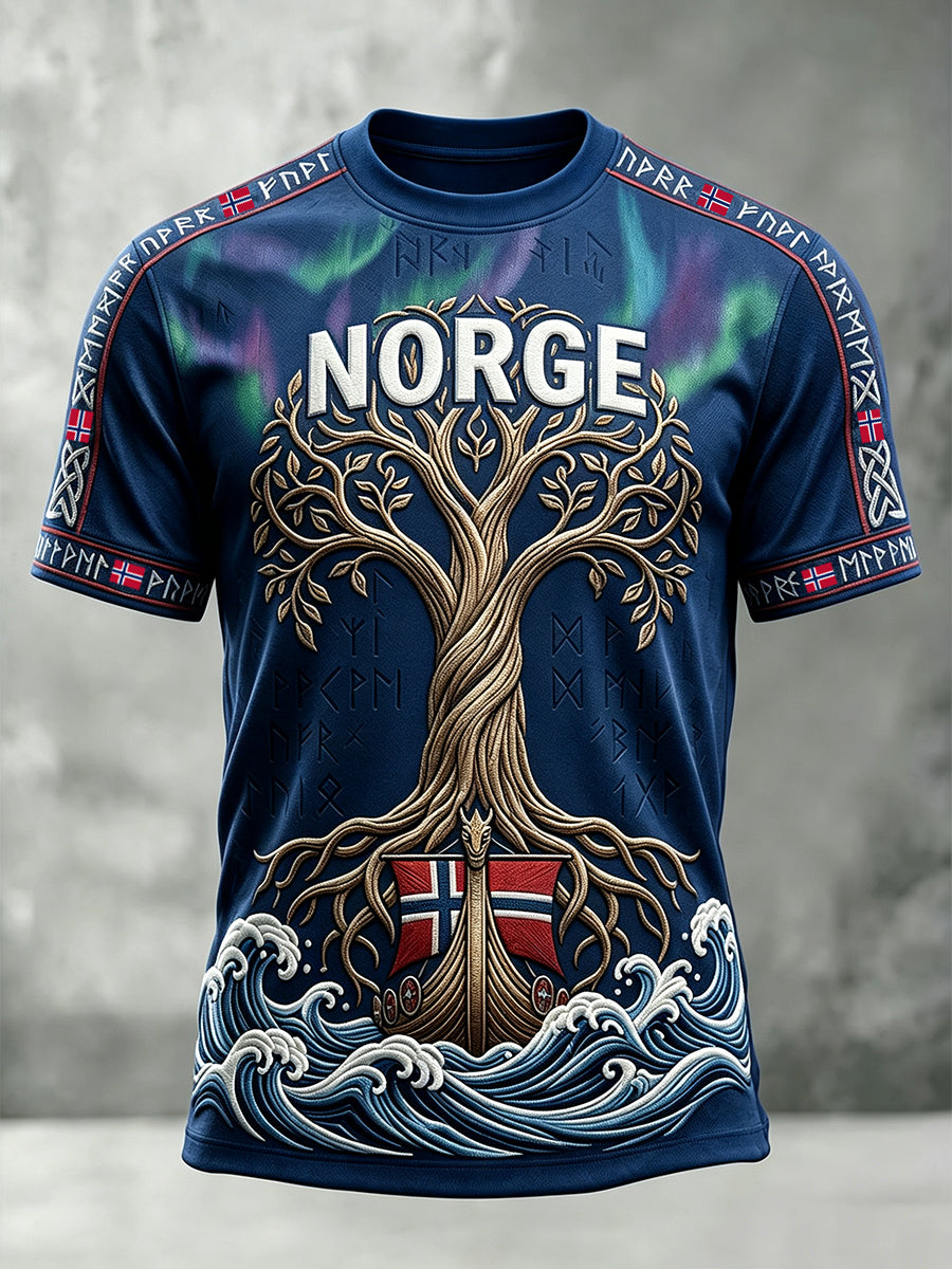 Menns Vikinge Tree of Life Art Norge Flag Skriv ut korte ermer T-skjorte