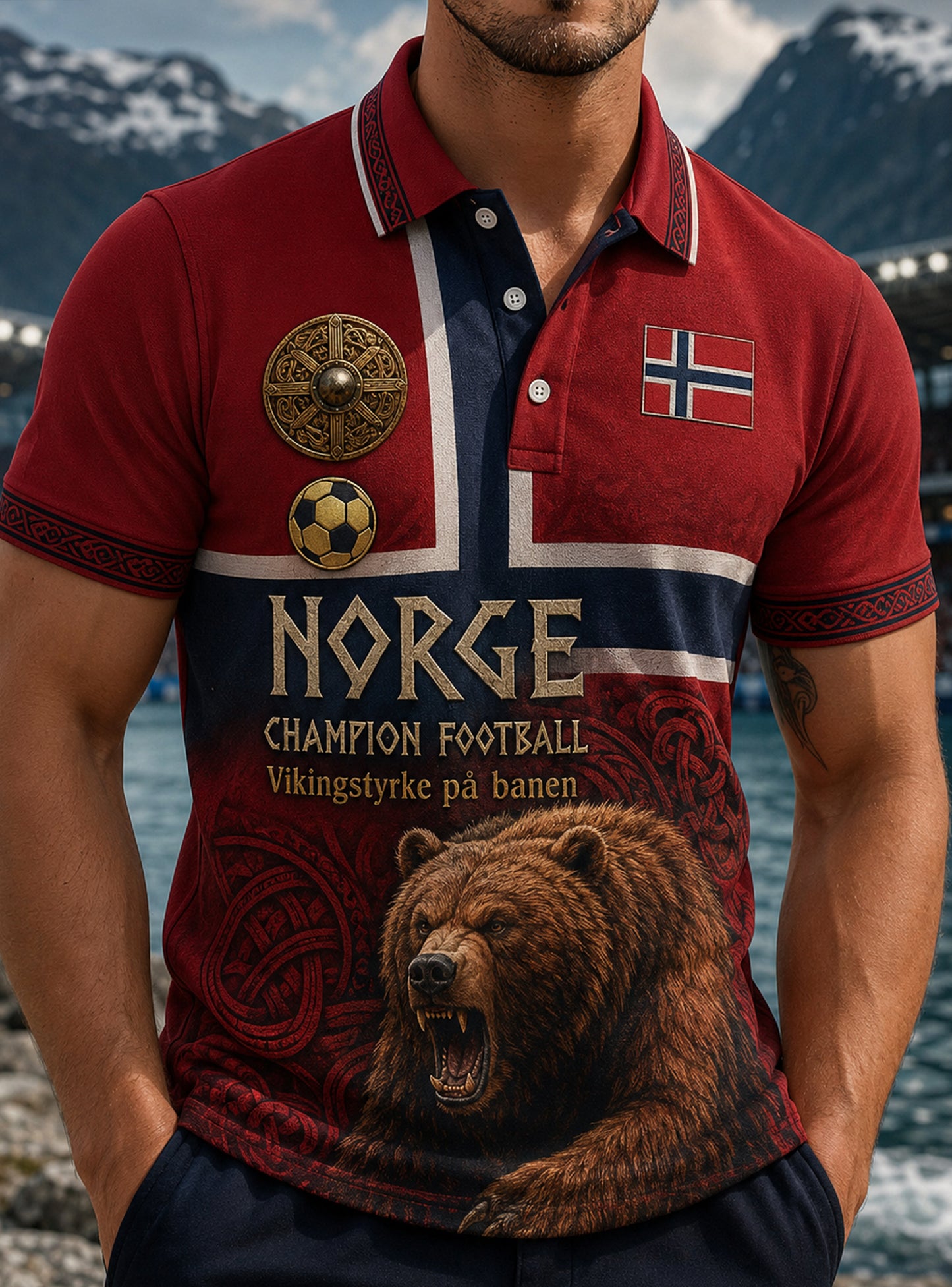Menns polo-skjorte med kunsttrykk inspirert av norske vikinger