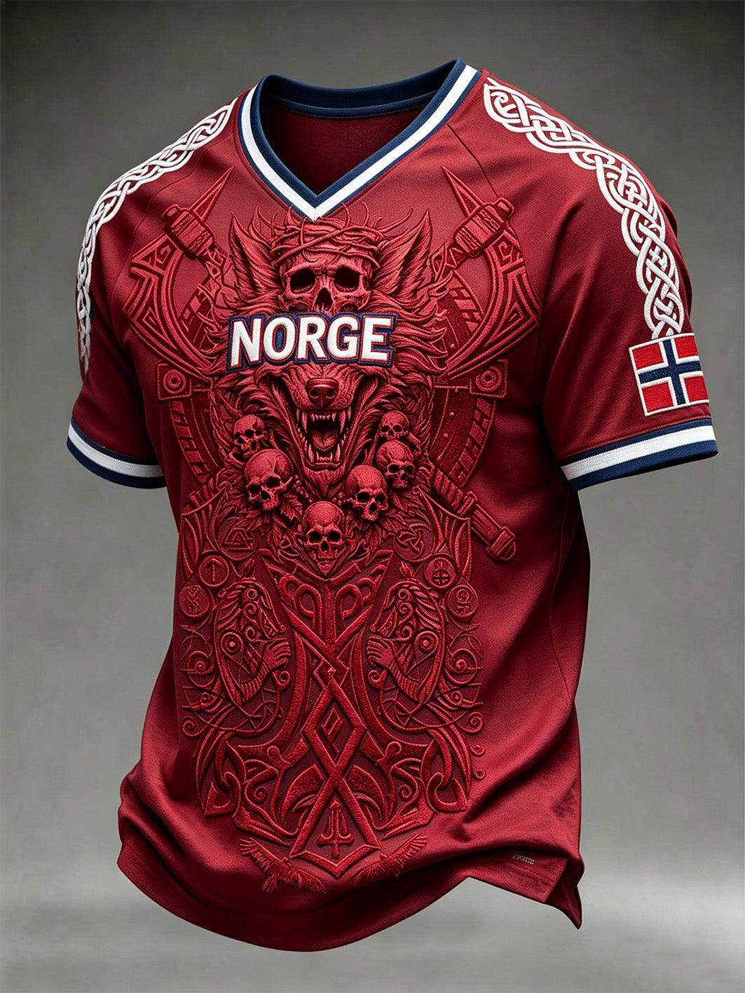Herrerens retro vikingtrøye med norsk mønster og V-utringning