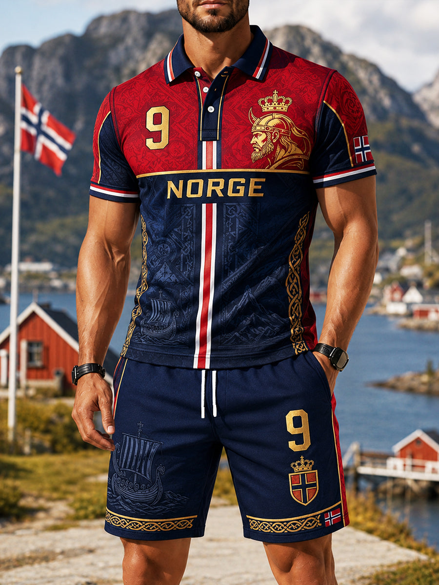 Menns retro norsk viking-lappetøy, uformell poloshortssett