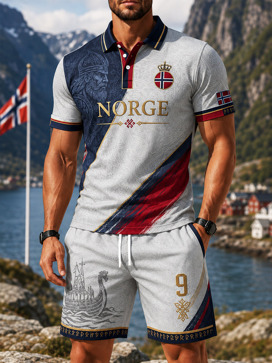 Menns retro norsk vikingkriger-fritidssett med polo og shorts