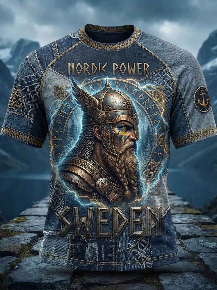 Herrtröja i retrostil med svensk vikingmotiv och korta ärmar
