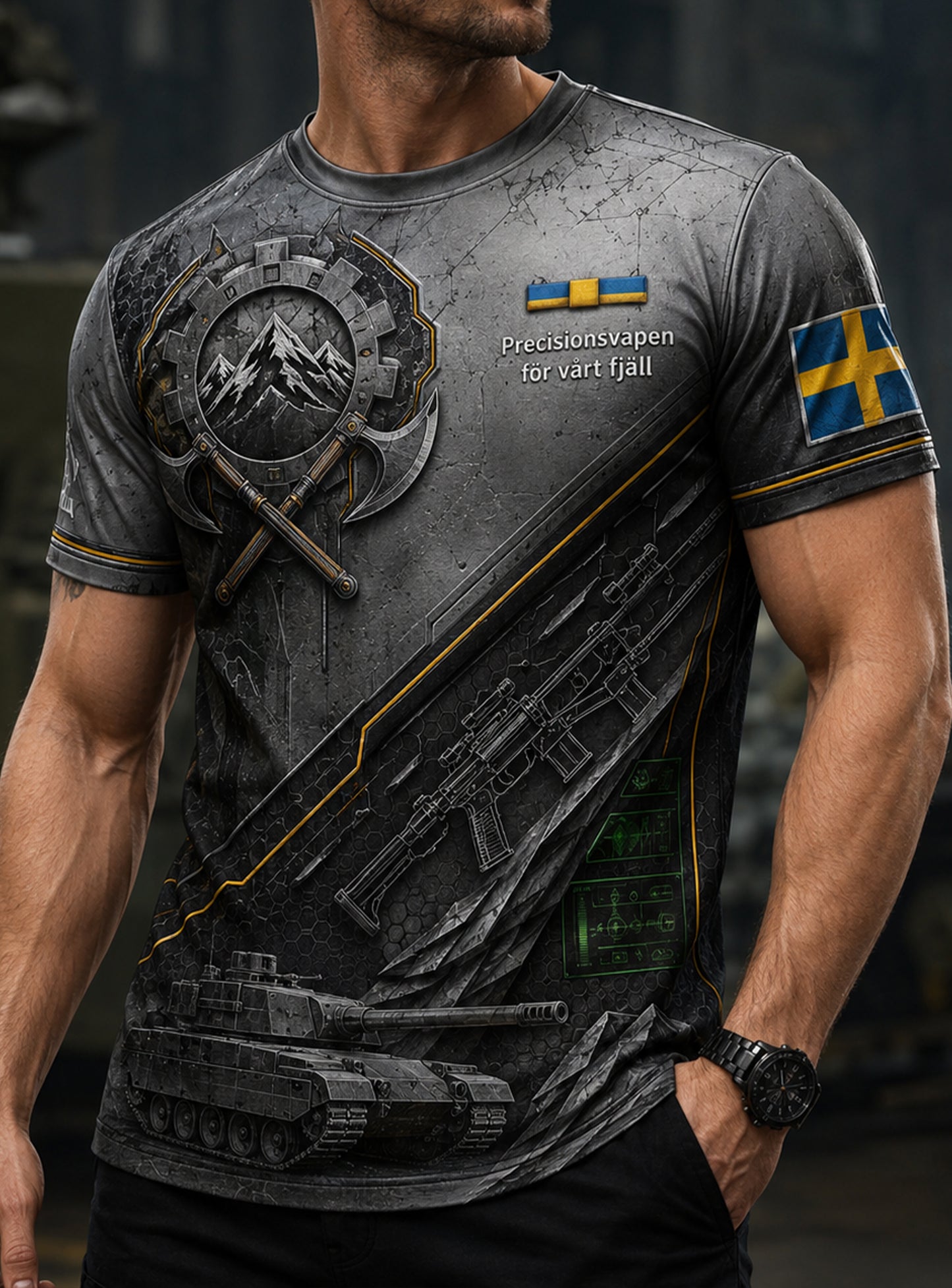 Herrtröja med konsttryck av svenskt precisionstillverkat instrumentelement