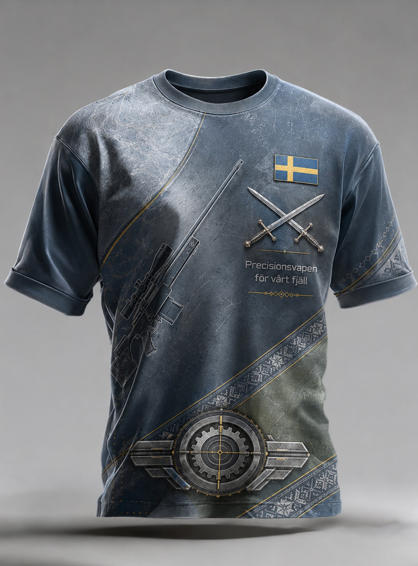 Herrtröja med konsttryck av svenskt precisionstillverkat instrumentelement