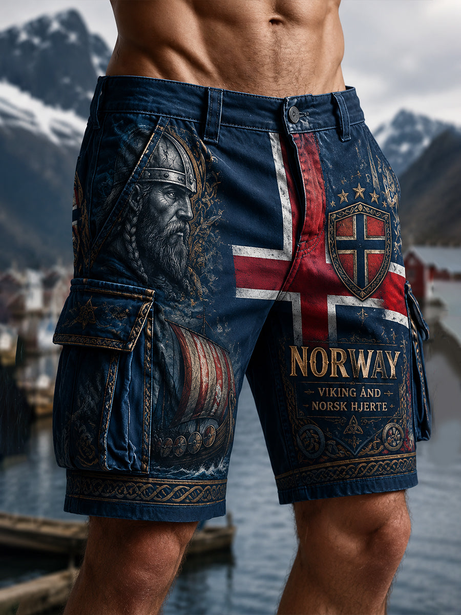 Menns korte bukser med norsk vikingmotiv, patriotisk minneprint