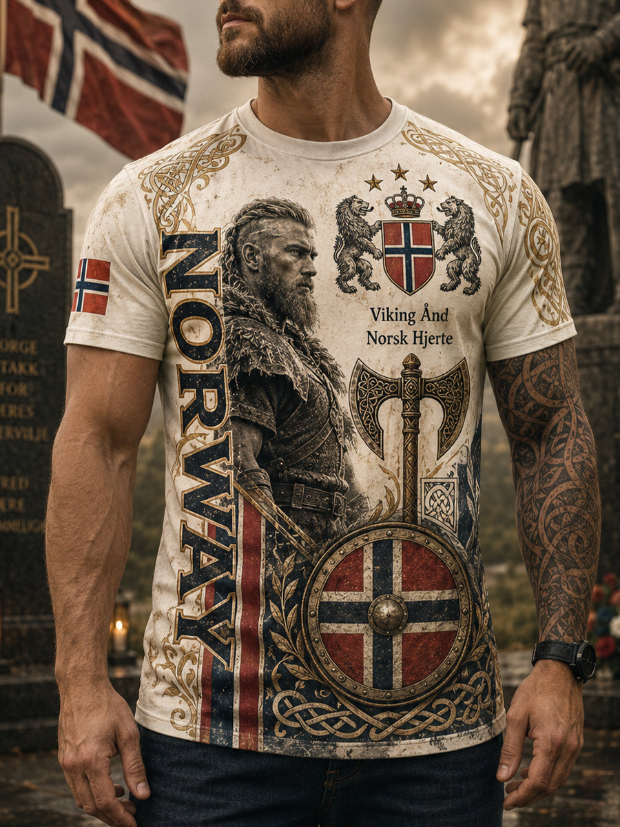 Herrer T-skjorte med norsk viking-inspirert patriotisk minnegrafikk