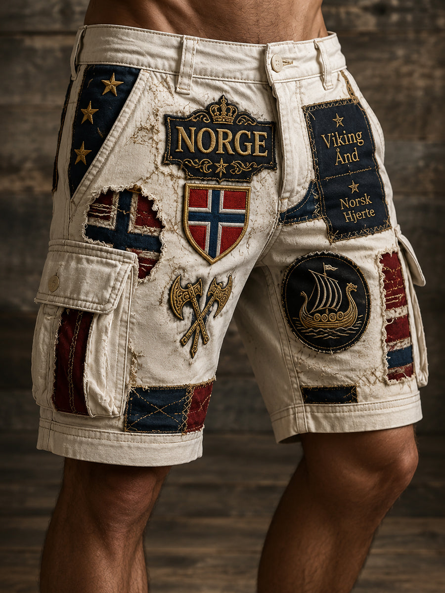 Menns korte bukser med norsk vikingmotiv, patriotisk minneprint