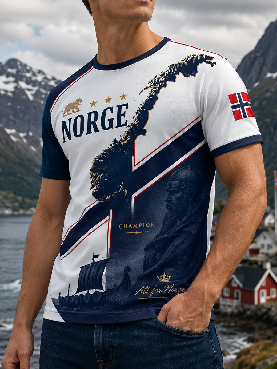 Herrer T-skjorte med norsk viking-inspirert patriotisk minnegrafikk