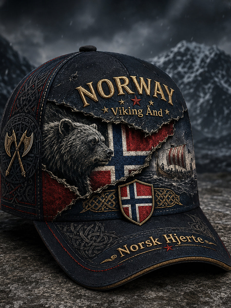 Unisex norsk vikingmotiv med patriotisk minnepreget kunsttrykk på lue