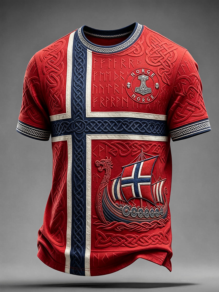 Menns Norge Viking skip kunst Celtic Flag Skriv ut Kortærme T-skjorte