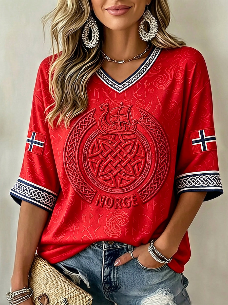Kvinner Norge Viking keltisk kunstflagg Skriv ut midt lengde ermer V-hals T-shirt