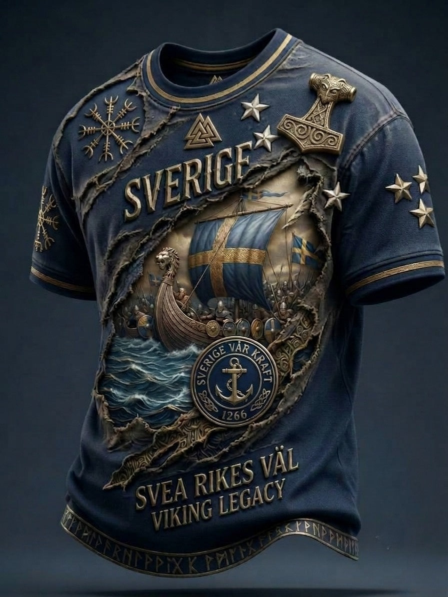 Herrtröja i retrostil med svensk vikingmotiv och korta ärmar