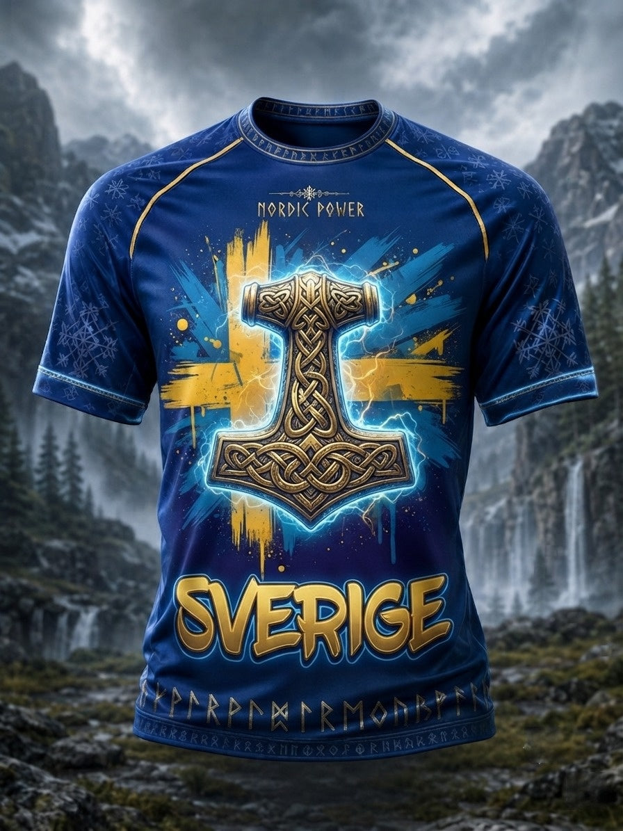 Herrtröja i retrostil med svensk vikingmotiv och korta ärmar