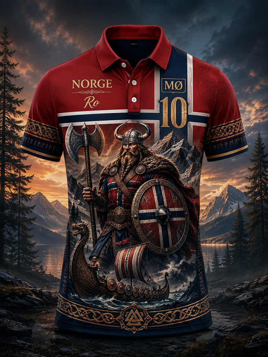 Menns polo-skjorte med norsk viking-inspirert patriotisk kunsttrykk