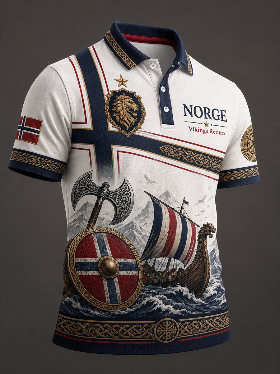 Menns polo-skjorte med norsk viking-inspirert patriotisk kunsttrykk