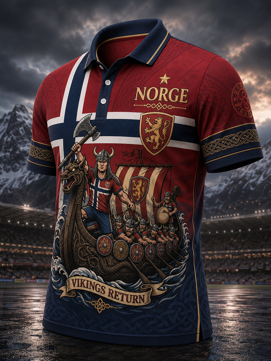 Menns polo-skjorte med norsk viking-inspirert patriotisk kunsttrykk