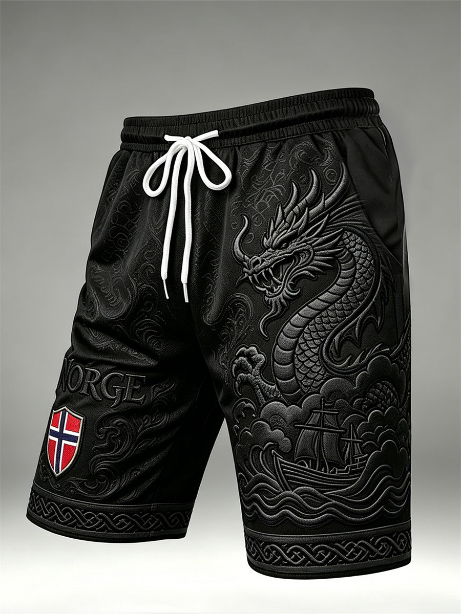 Herrer Norge Viking Drage og Skip Keltisk Knute Flaggetrykk Snøring Shorts