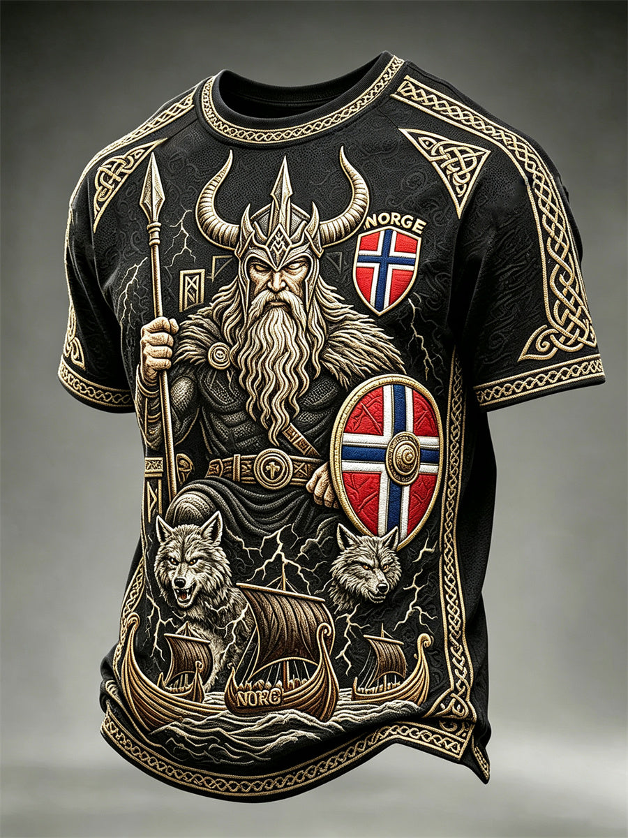 Herrer Norge Odin Ulver & Vikingeskips keltisk knuteflagg trykk t-skjorte med korte ermer