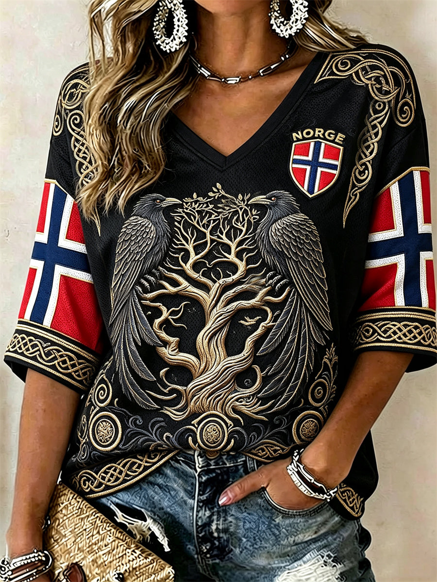 Kvinner Norge Viking Ravner Livets Tre Keltisk knute Flaggetrykk Midtlange ermer V-utringning T-skjorte