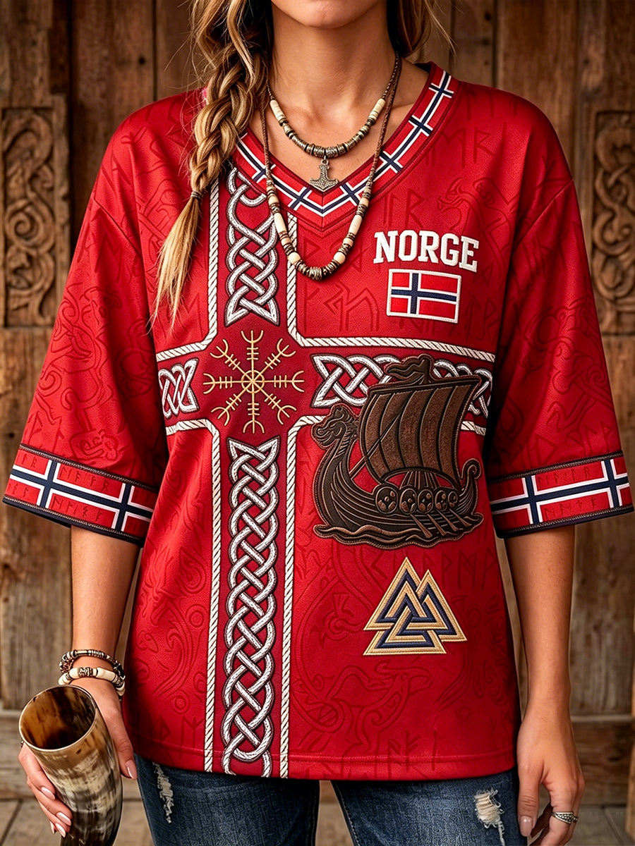 Kvinner Norge Vikingeskipskunst Flaggetrykk Midtlange ermer V-utringning T-skjorte