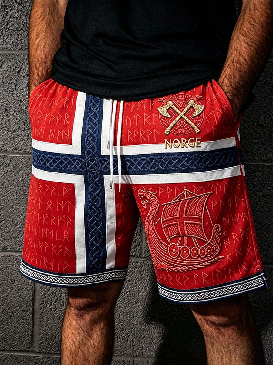Menns Norge Vikingeskipskunst Keltisk flaggtrykk Casual shorts med dragsnor