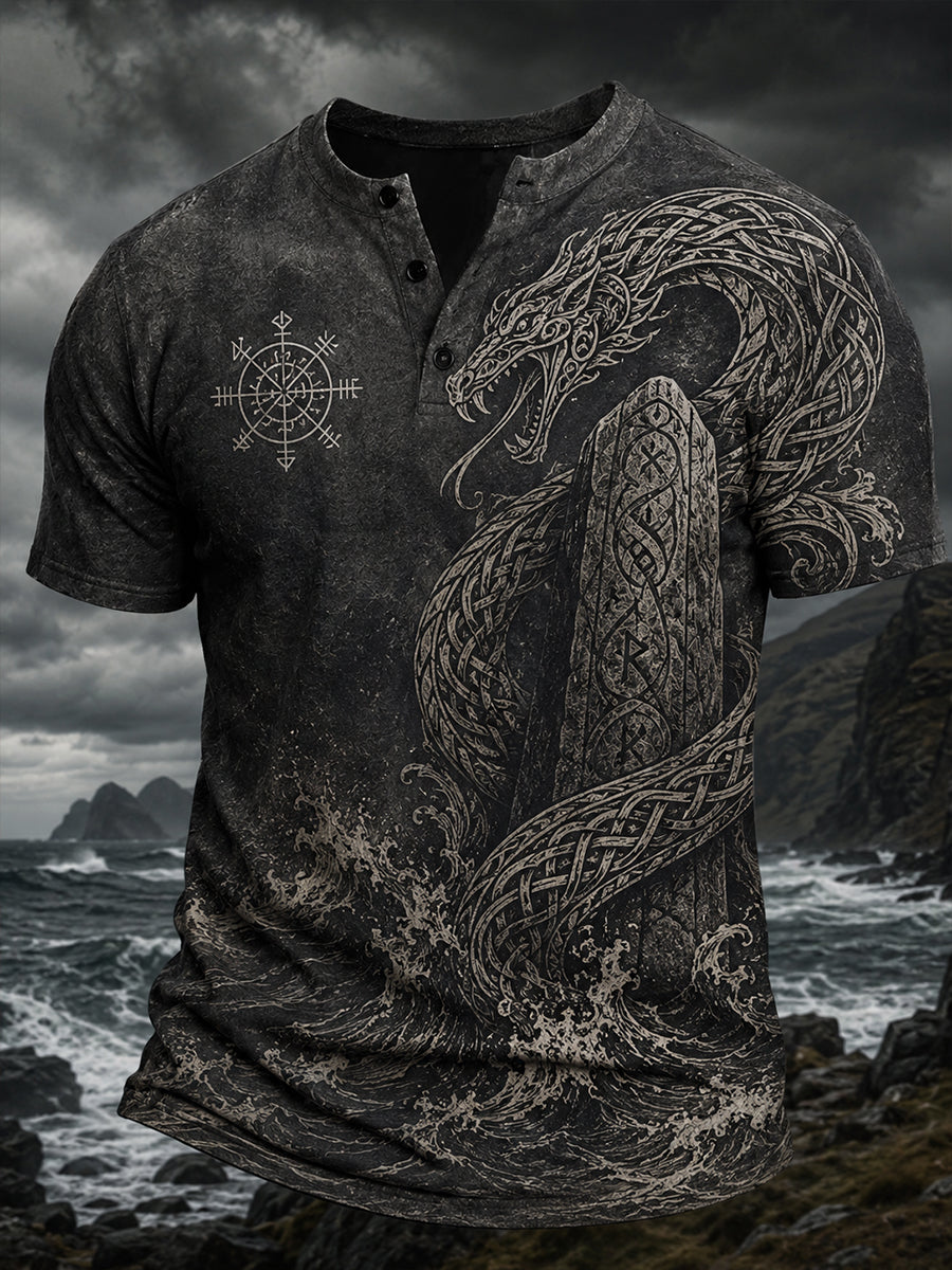 Retro nordisk vikingstil grafisk trykk avslappet Henley-skjorte