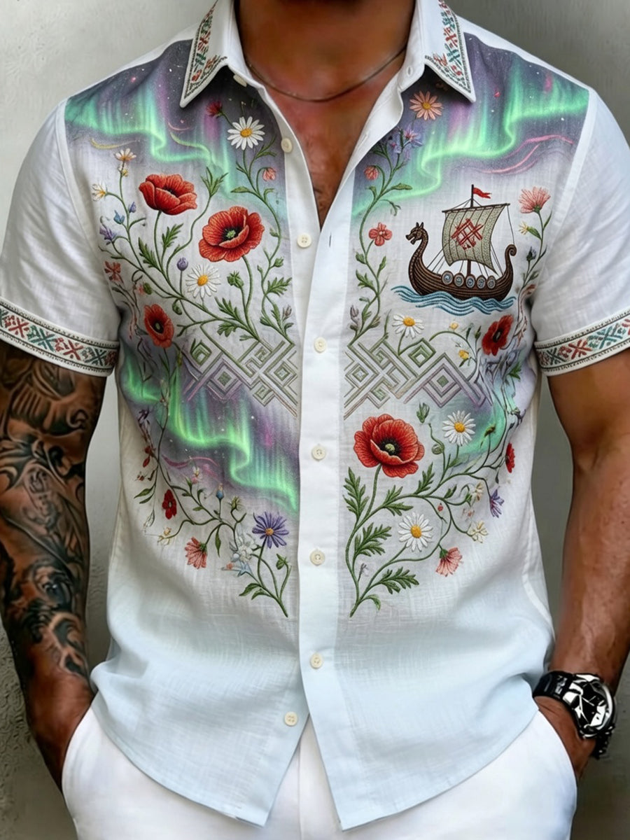 Retro nordisk vikingstil kunsttrykk avslappet skjorte