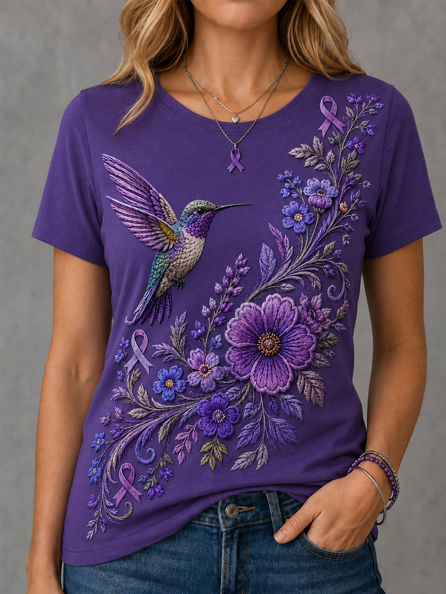 Kvinnors lila blommor & Hummingbird Skriv ut Alzheimers medvetenhet Support Tee