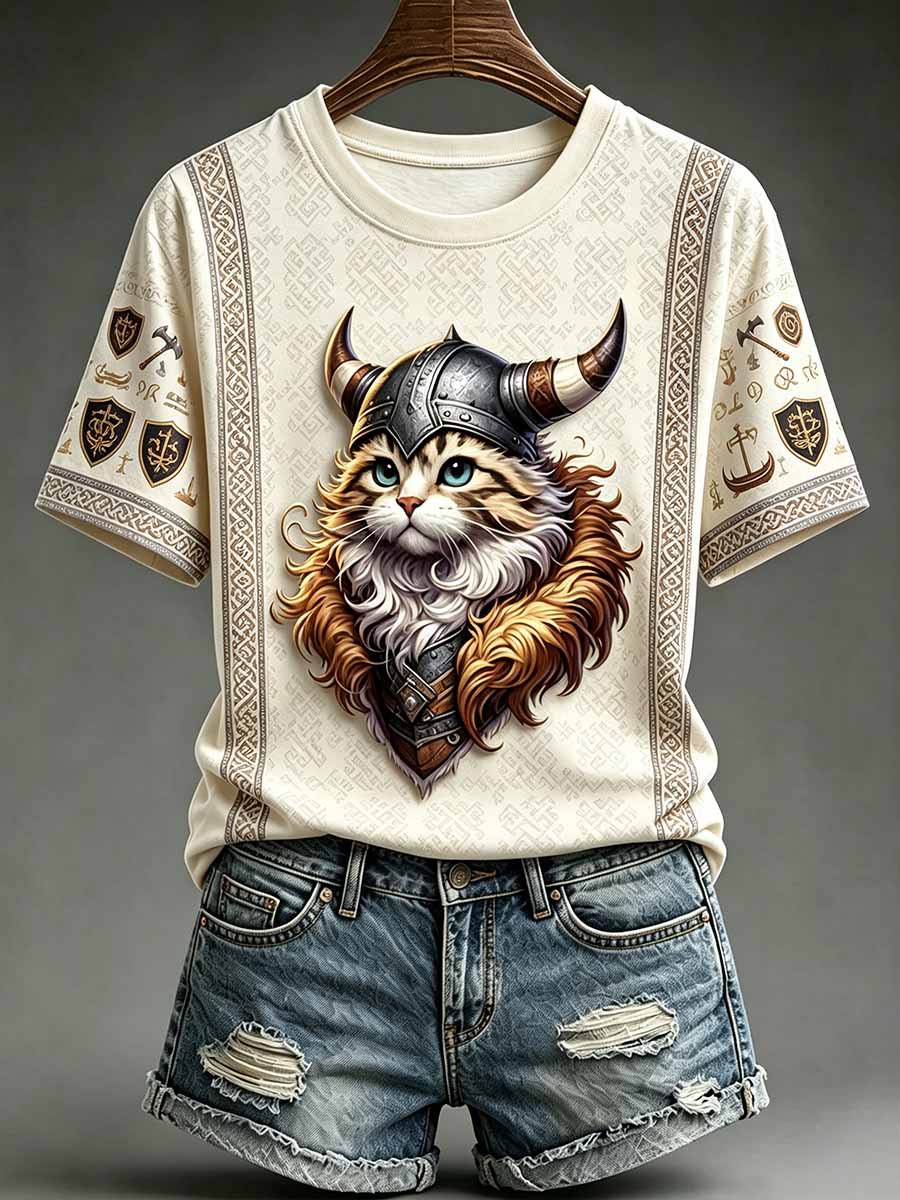 Kvinnligt roligt t-shirt med tryck av katt som vikingakrigare