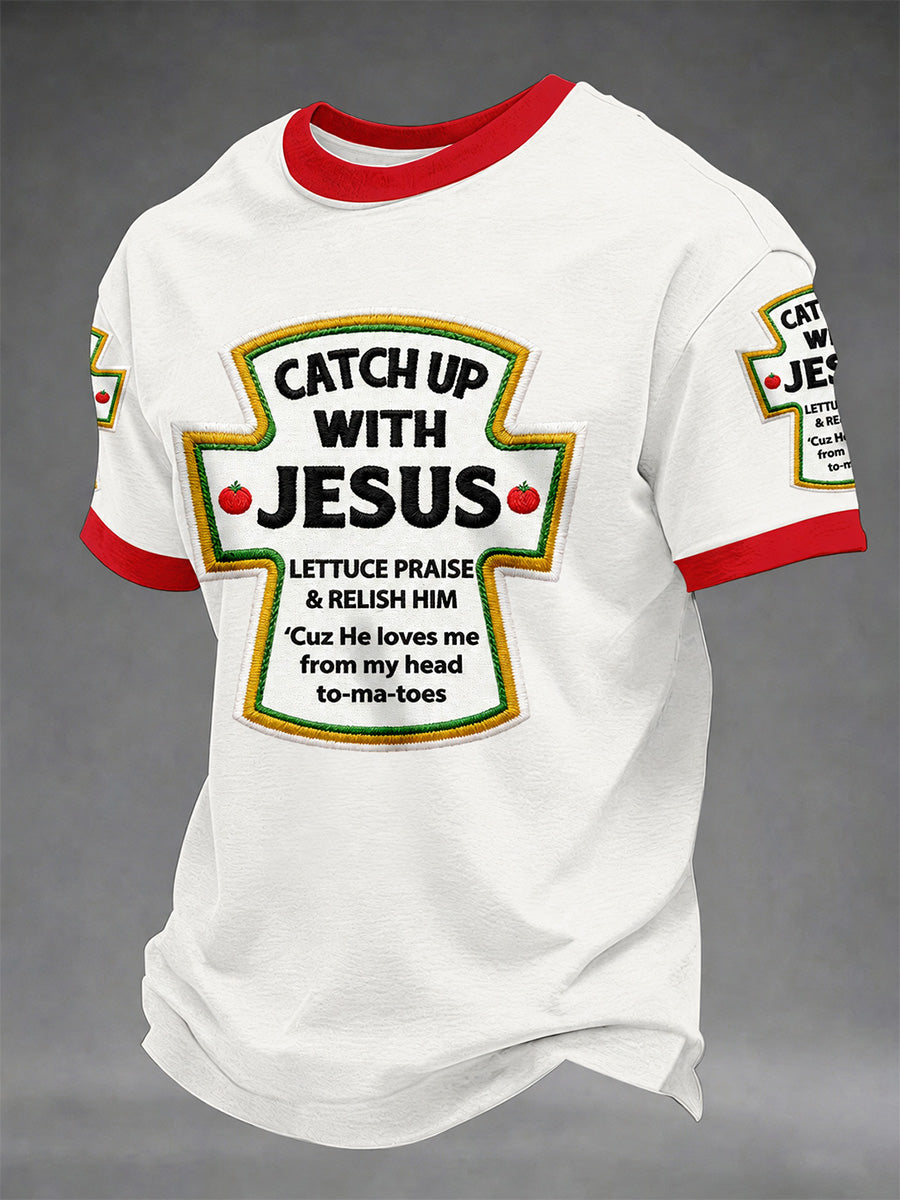 Mäns komma upp med Jesus Print Casual Tee