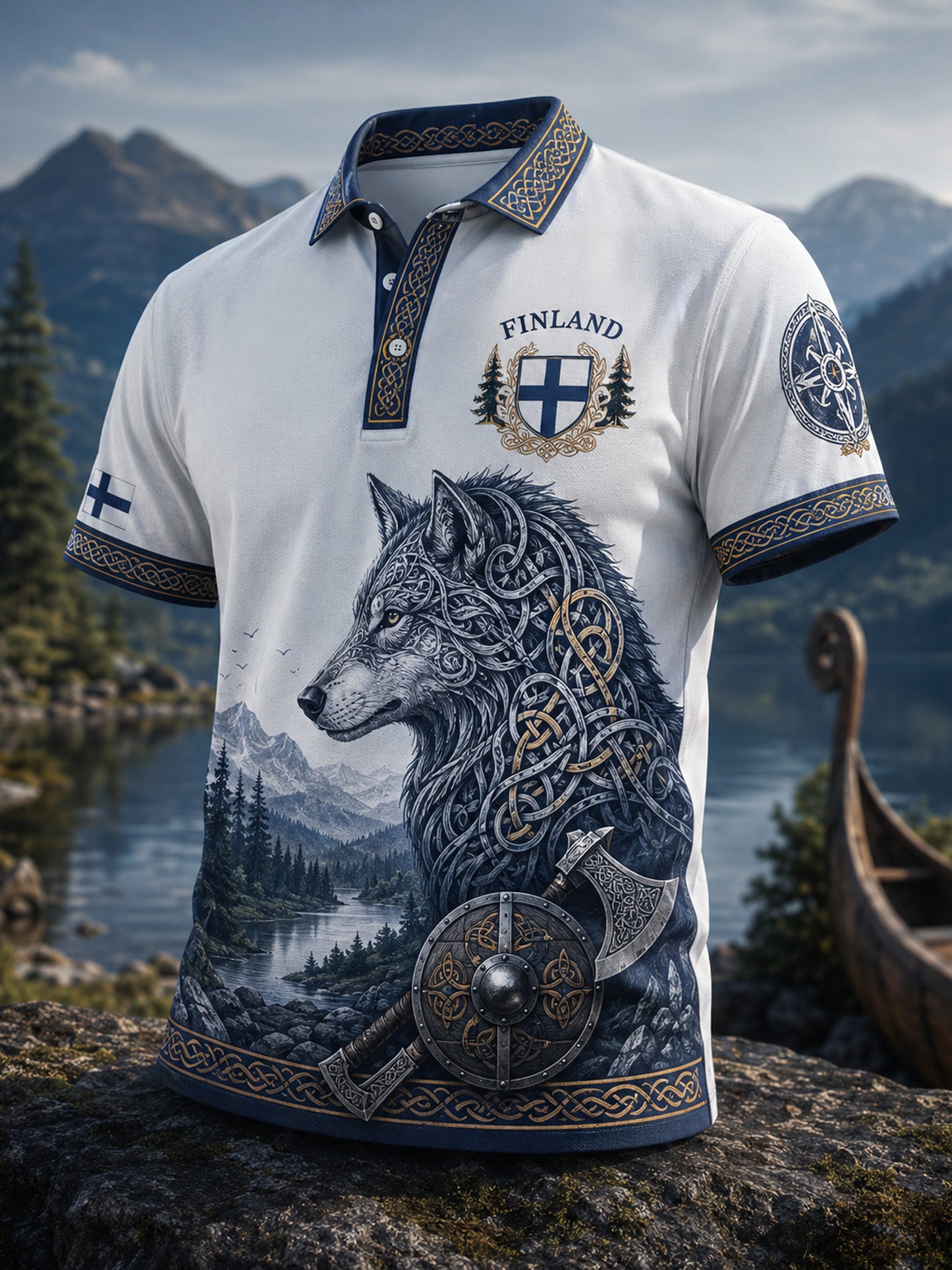 Herrpolskirt med finskt vikingatema och patriotiskt konsttryck