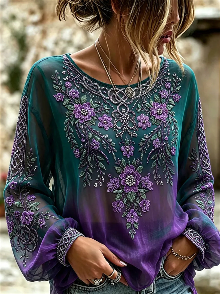 Kvinnors klassificerande lila floral keltisk knop Skriv ut gradient bomull-Linen tröj