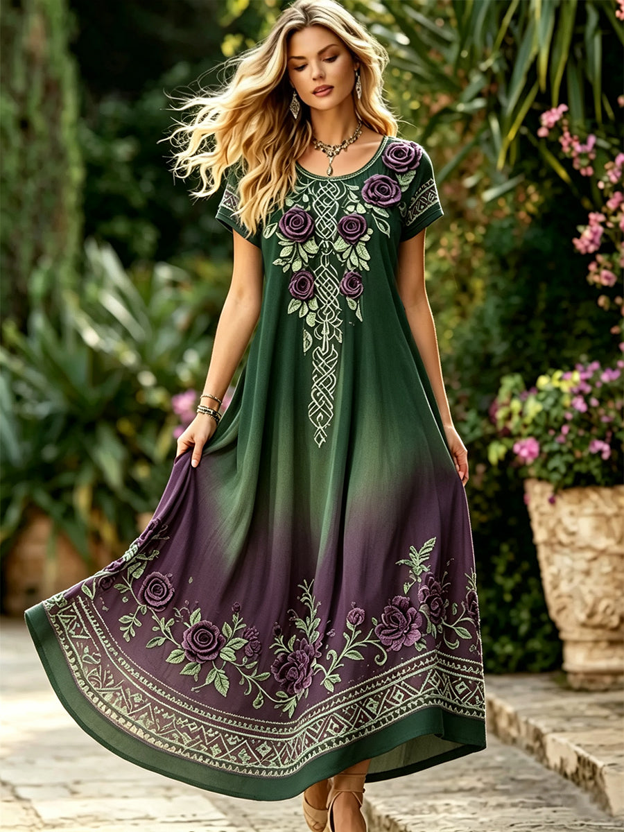 Kvinnors stiliga lila rosor blommor keltisk knop Skriv ut gradient Flowy Maxi klänning
