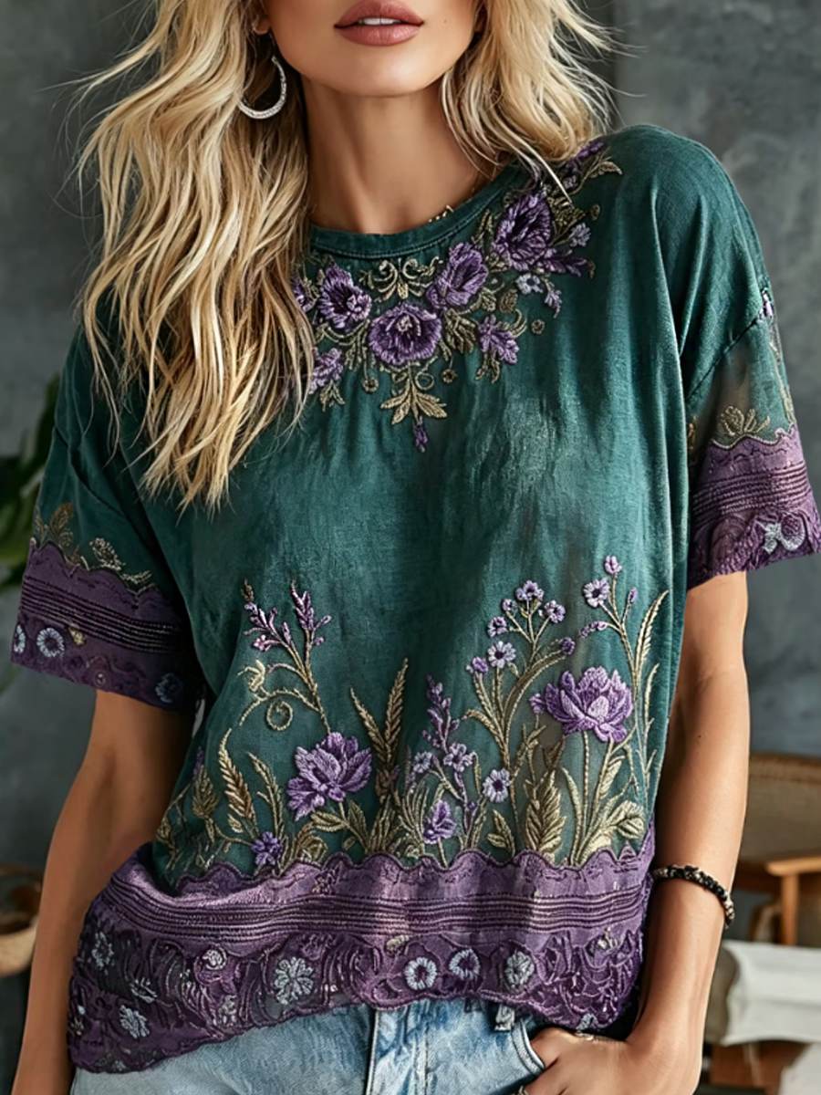 Kvinnors Retro Blomster konst broderier bomull Lin Casual T-shirt